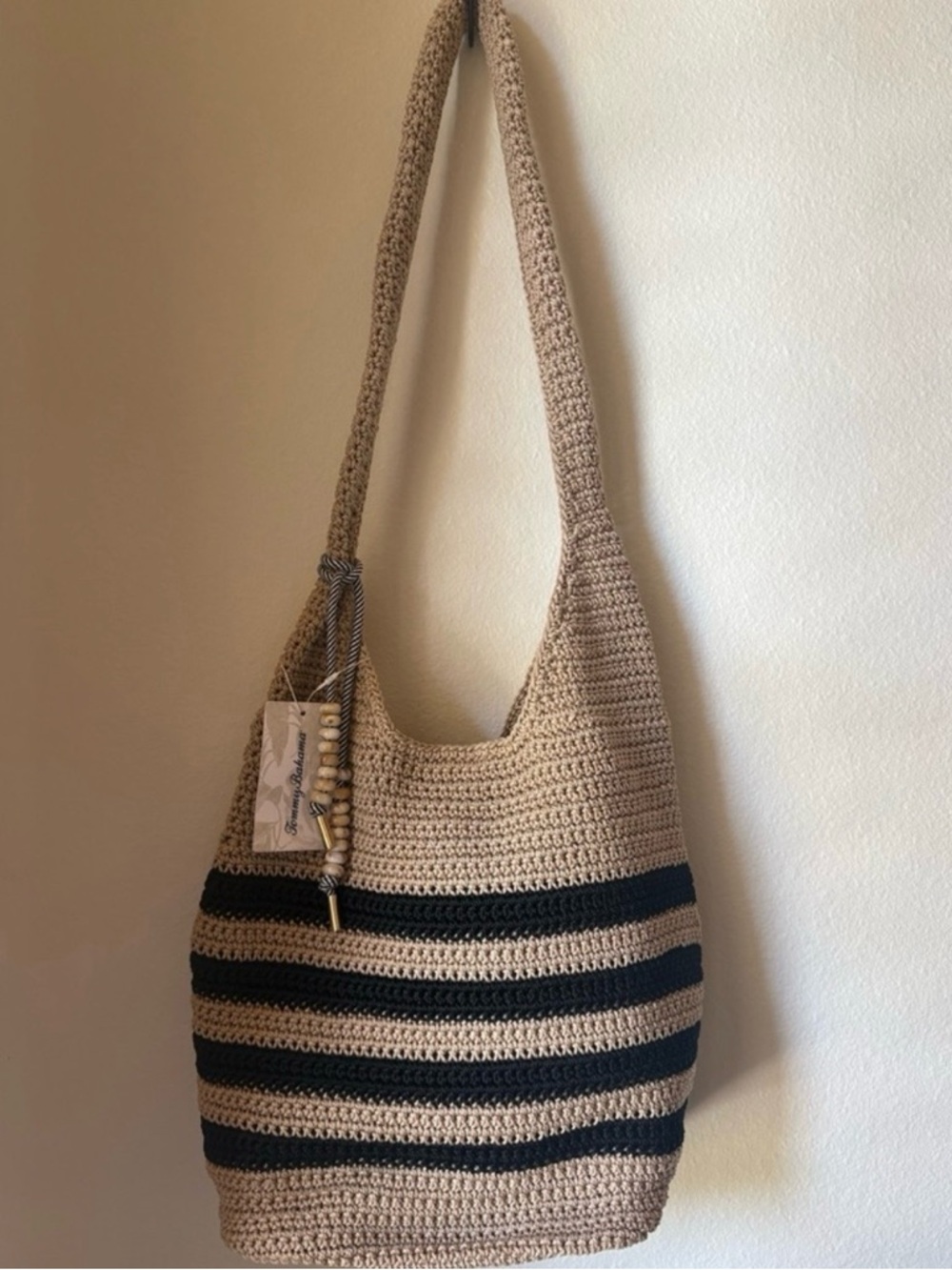 Tommy Bahama Beige and Black Striped Crochet Shoulder Bag